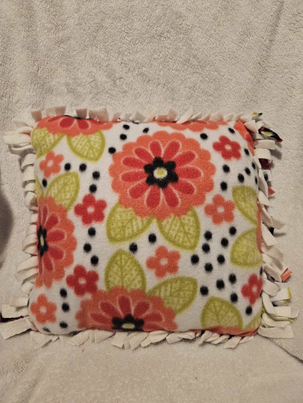 Handmade red coral poppy flower fleece accent pillow.  Machine washable,